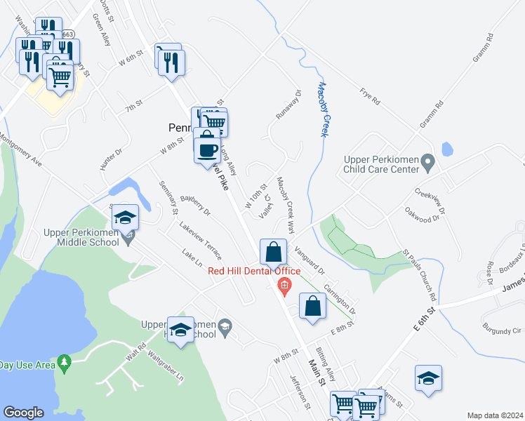 map of restaurants, bars, coffee shops, grocery stores, and more near 1066 Valley Court in Pennsburg