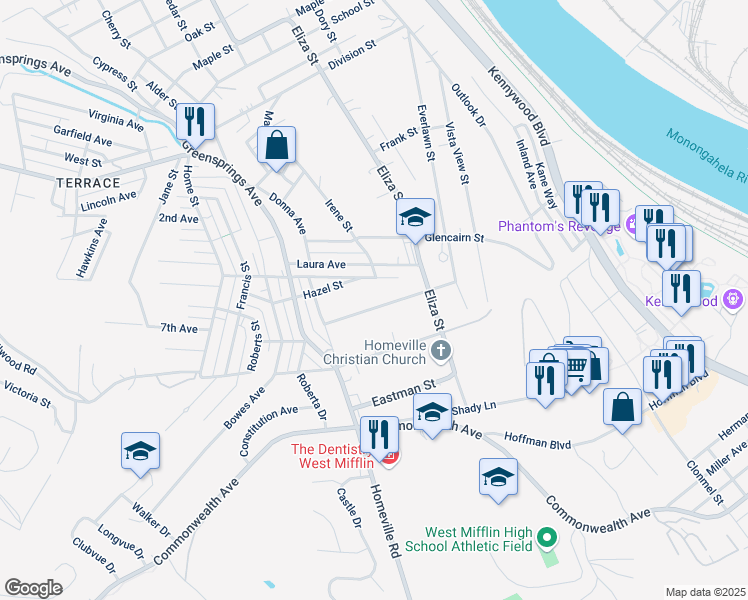 map of restaurants, bars, coffee shops, grocery stores, and more near 746 Hazel Street in West Mifflin