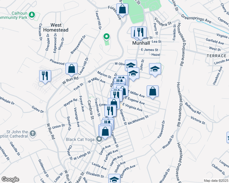 map of restaurants, bars, coffee shops, grocery stores, and more near 123 West Miller Avenue in Munhall