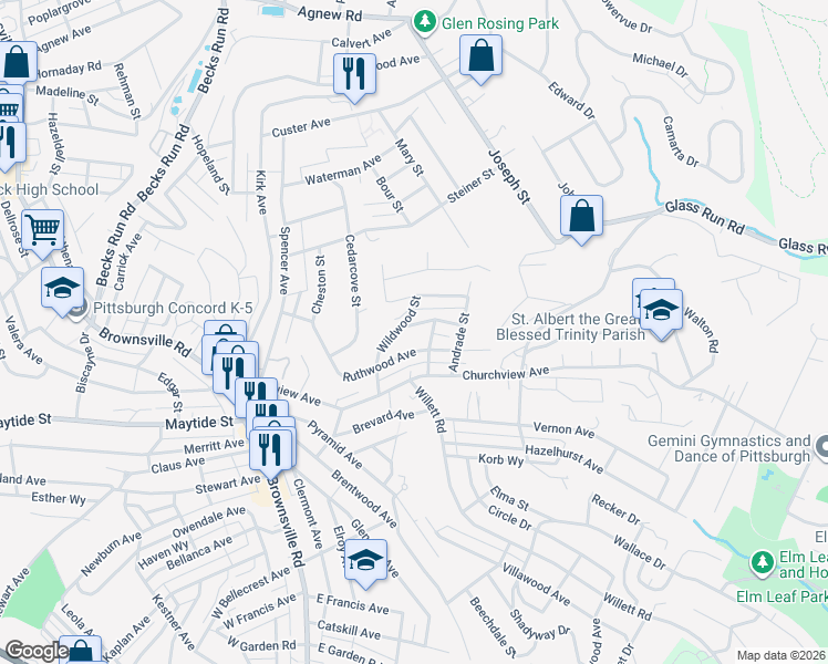 map of restaurants, bars, coffee shops, grocery stores, and more near 2915 Roland in Pittsburgh