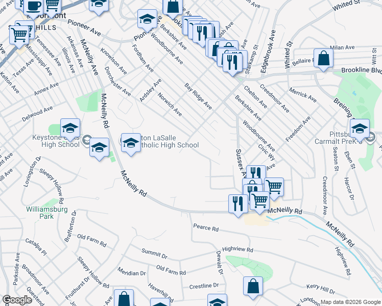 map of restaurants, bars, coffee shops, grocery stores, and more near 2804 Queensboro Avenue in Pittsburgh