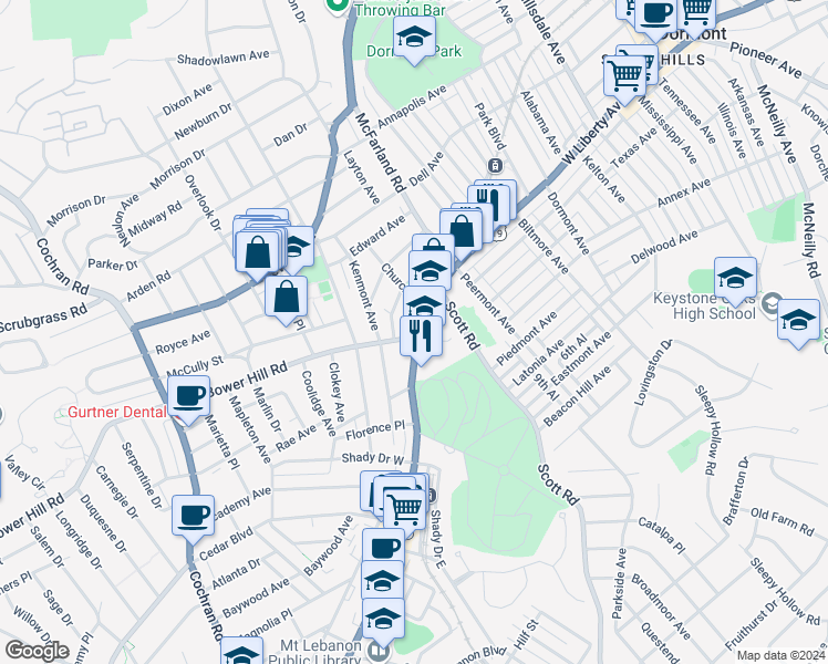 map of restaurants, bars, coffee shops, grocery stores, and more near in Allegheny County