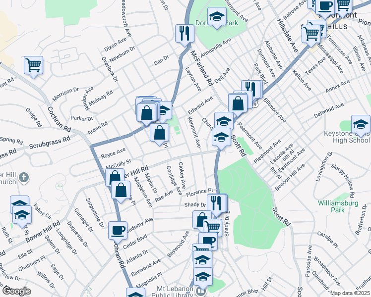 map of restaurants, bars, coffee shops, grocery stores, and more near 14A North Meadowcroft Avenue in Pittsburgh