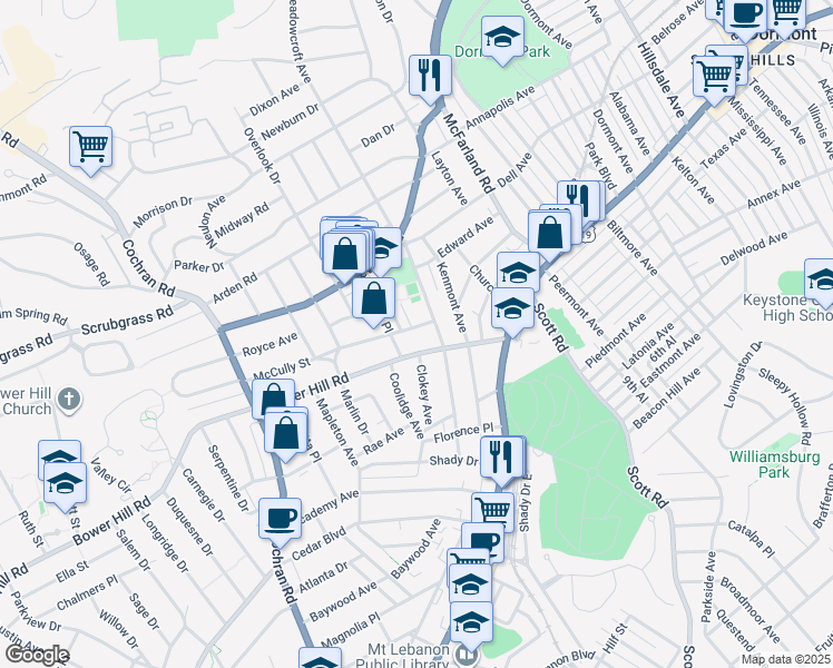 map of restaurants, bars, coffee shops, grocery stores, and more near 28 Wasson Place in Pittsburgh