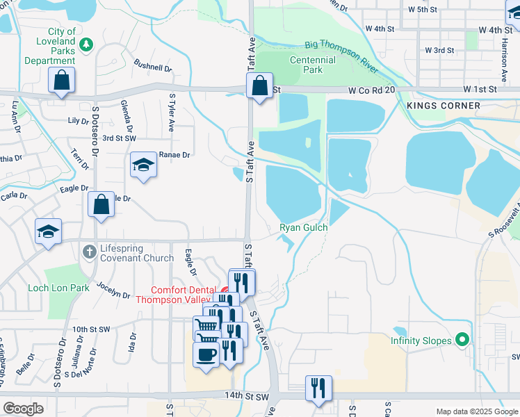 map of restaurants, bars, coffee shops, grocery stores, and more near 586 Split Rock Drive in Loveland