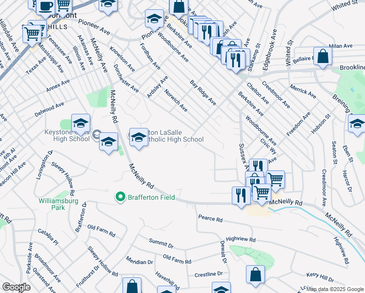 map of restaurants, bars, coffee shops, grocery stores, and more near 2812 Queensboro Avenue in Pittsburgh