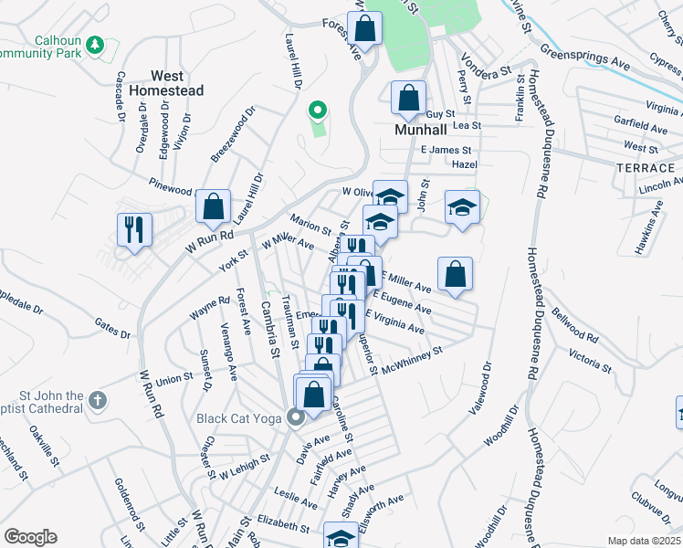 map of restaurants, bars, coffee shops, grocery stores, and more near 123 West Miller Avenue in Munhall