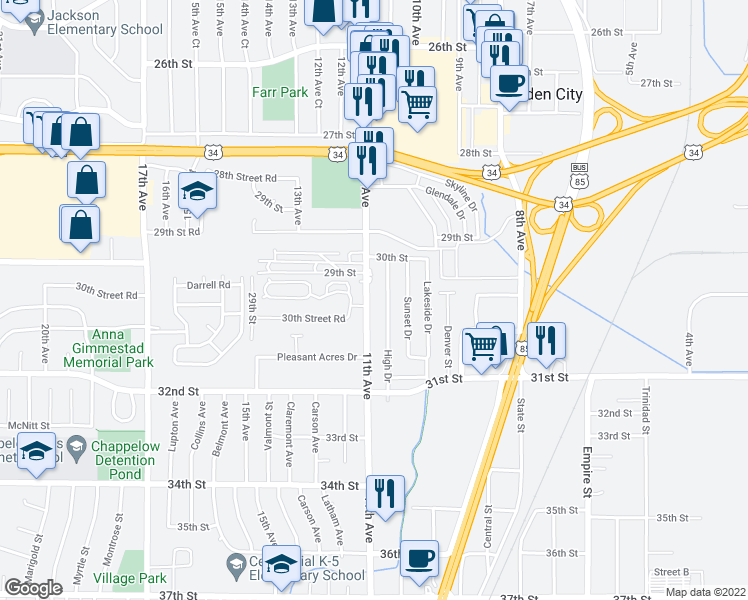map of restaurants, bars, coffee shops, grocery stores, and more near 3013 11th Avenue in Evans