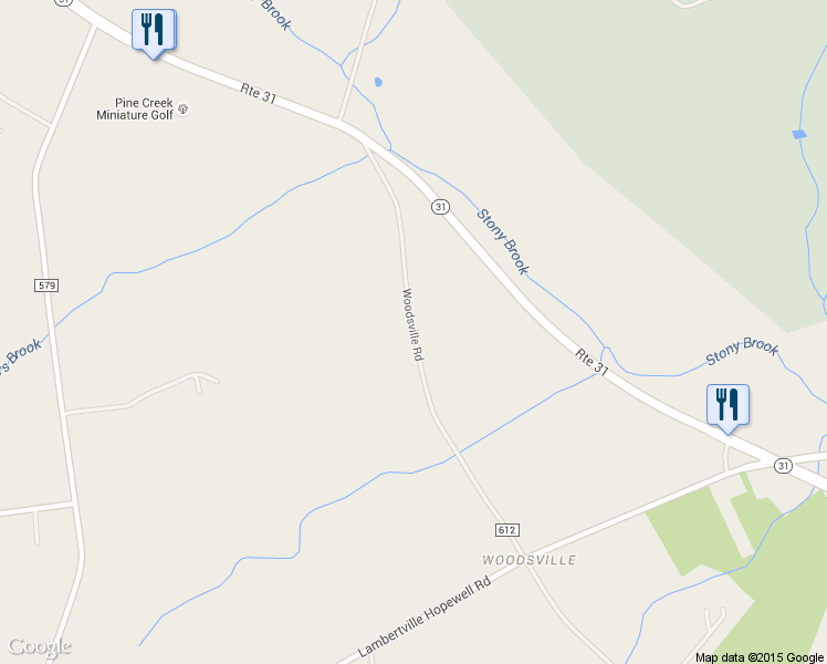 map of restaurants, bars, coffee shops, grocery stores, and more near Woodsville Road in Hopewell