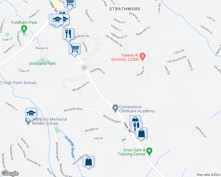 map of restaurants, bars, coffee shops, grocery stores, and more near 53 White Oak Lane in Matawan