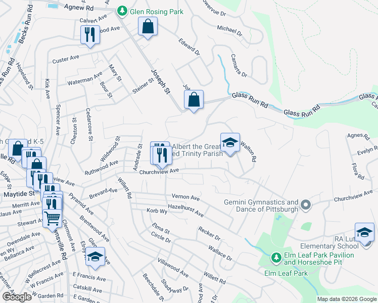 map of restaurants, bars, coffee shops, grocery stores, and more near 872 Glass Run Road in Pittsburgh