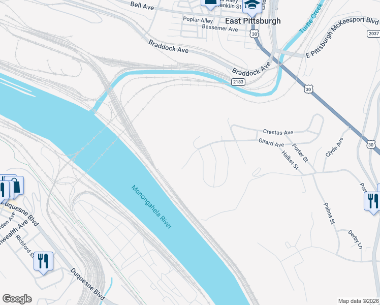 map of restaurants, bars, coffee shops, grocery stores, and more near 1701 Girard Avenue in North Versailles