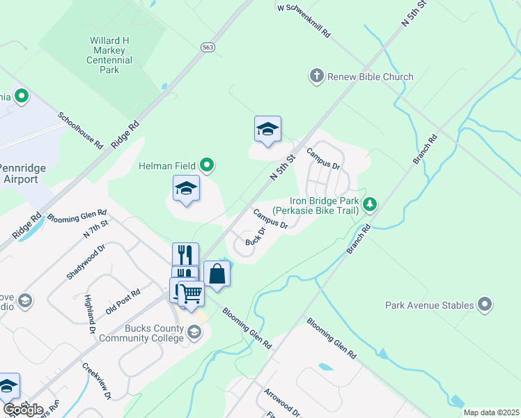 map of restaurants, bars, coffee shops, grocery stores, and more near 409 Campus Drive in Perkasie