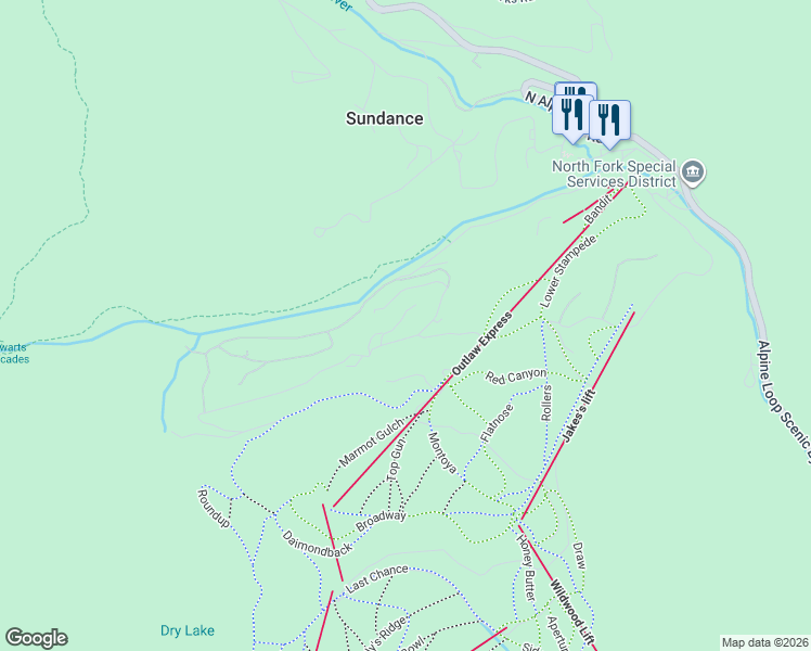 map of restaurants, bars, coffee shops, grocery stores, and more near 3004 East Ridge Top Road in Sundance