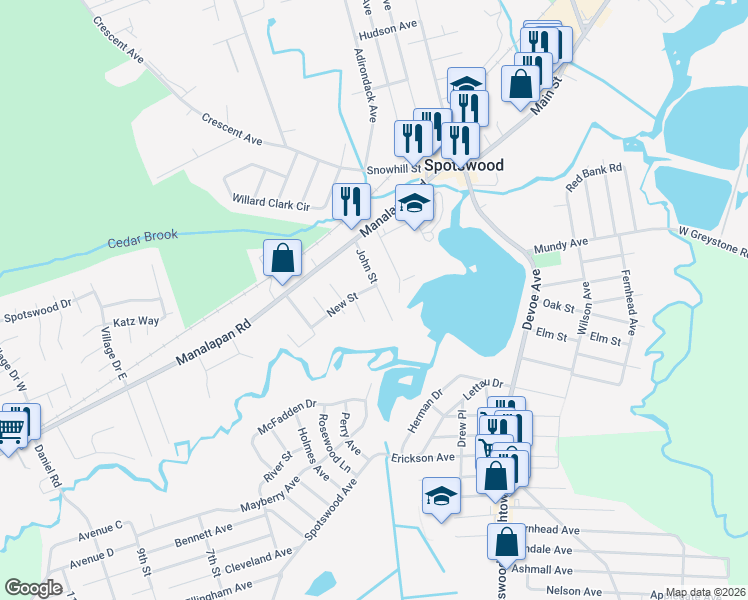 map of restaurants, bars, coffee shops, grocery stores, and more near 50 John Street in Spotswood