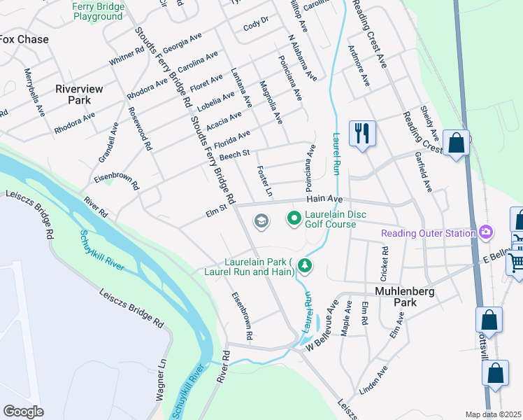 map of restaurants, bars, coffee shops, grocery stores, and more near 710 Hain Avenue in Reading