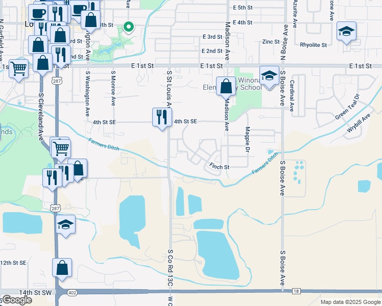 map of restaurants, bars, coffee shops, grocery stores, and more near 1107 Finch Street in Loveland
