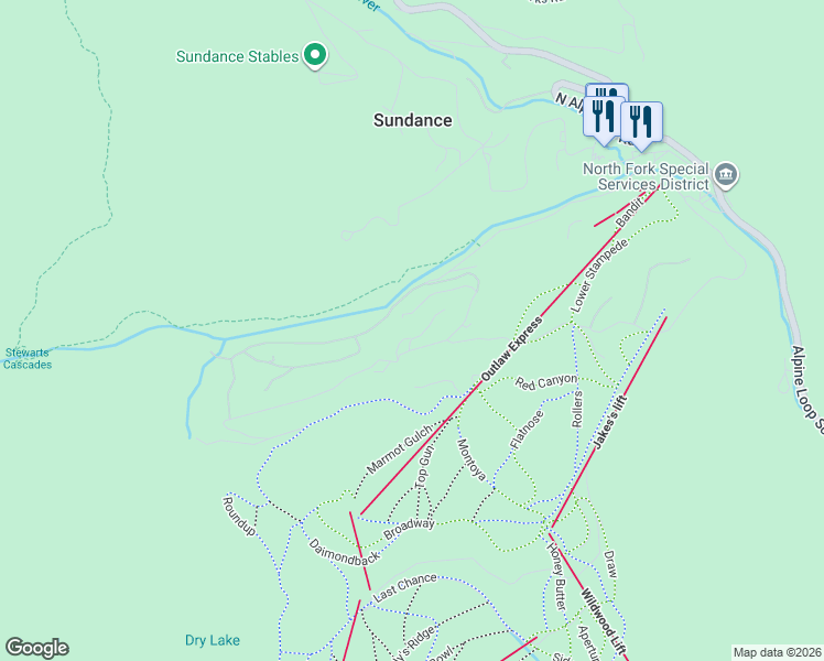 map of restaurants, bars, coffee shops, grocery stores, and more near 2970 Balsam Drive in Sundance