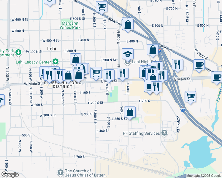 map of restaurants, bars, coffee shops, grocery stores, and more near 498 East Main Street in Lehi