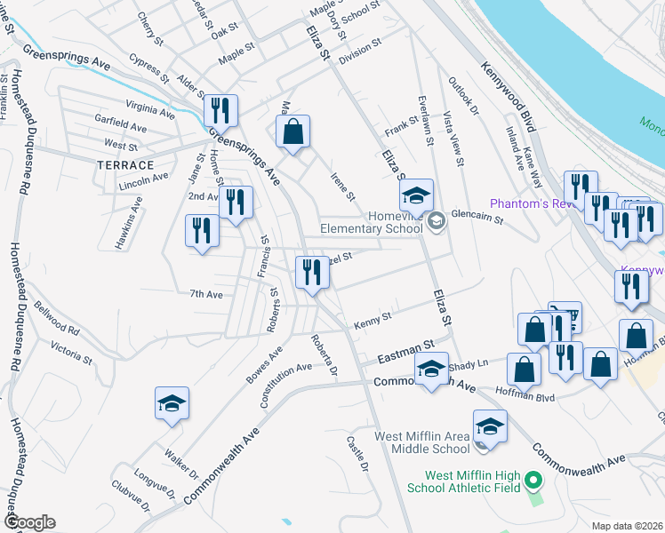map of restaurants, bars, coffee shops, grocery stores, and more near 603 Hazel Street in West Mifflin