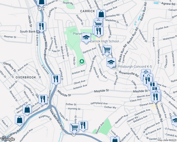 map of restaurants, bars, coffee shops, grocery stores, and more near 318 Overbrook Boulevard in Pittsburgh
