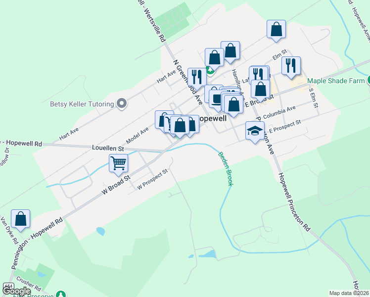 map of restaurants, bars, coffee shops, grocery stores, and more near 47 West Broad Street in Hopewell