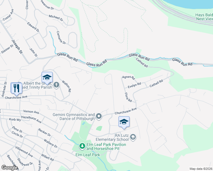map of restaurants, bars, coffee shops, grocery stores, and more near 204 Green Glen Drive in Pittsburgh