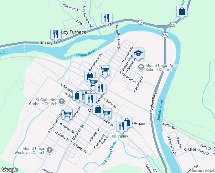 map of restaurants, bars, coffee shops, grocery stores, and more near 1 West Poplar Street in Mount Union