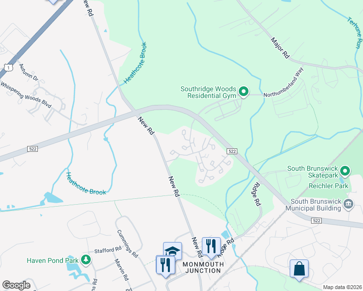 map of restaurants, bars, coffee shops, grocery stores, and more near 22 Azalea Court in South Brunswick Township