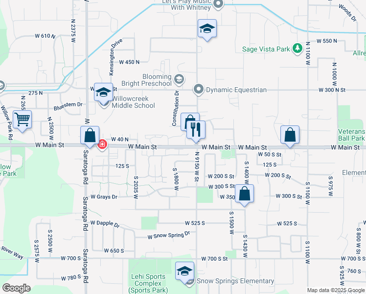 map of restaurants, bars, coffee shops, grocery stores, and more near 3212 West Main Street in Lehi