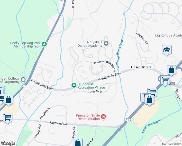 map of restaurants, bars, coffee shops, grocery stores, and more near 304 Wellington Park Drive in Princeton