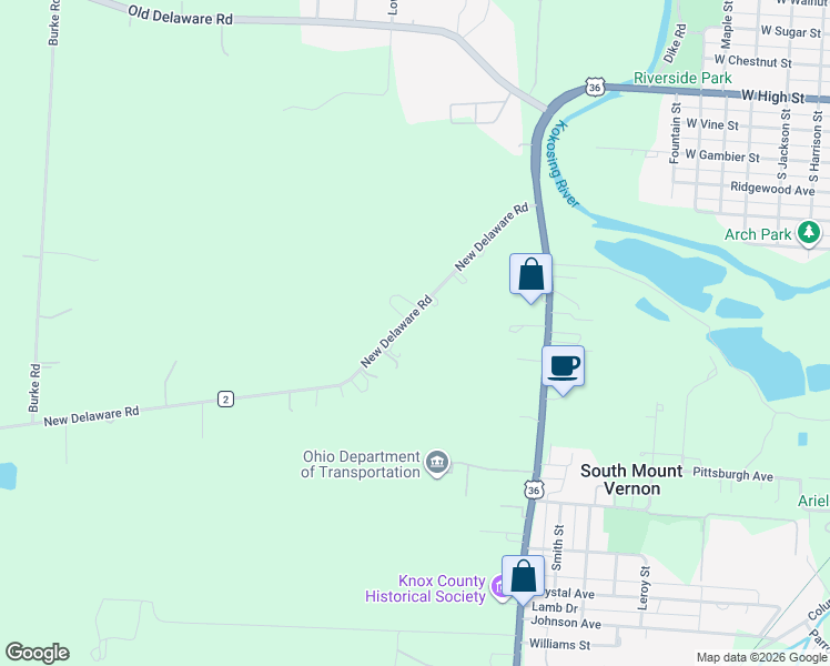 map of restaurants, bars, coffee shops, grocery stores, and more near 13140 New Delaware Road in Mount Vernon