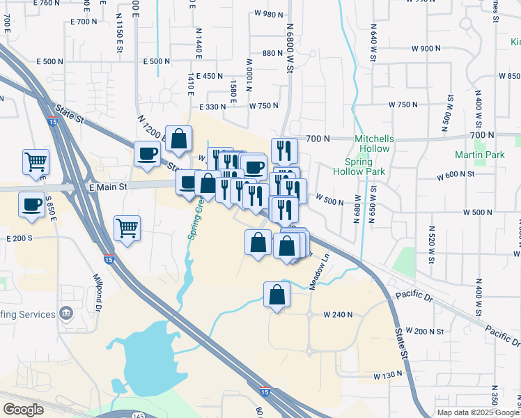 map of restaurants, bars, coffee shops, grocery stores, and more near 485 900 West in American Fork