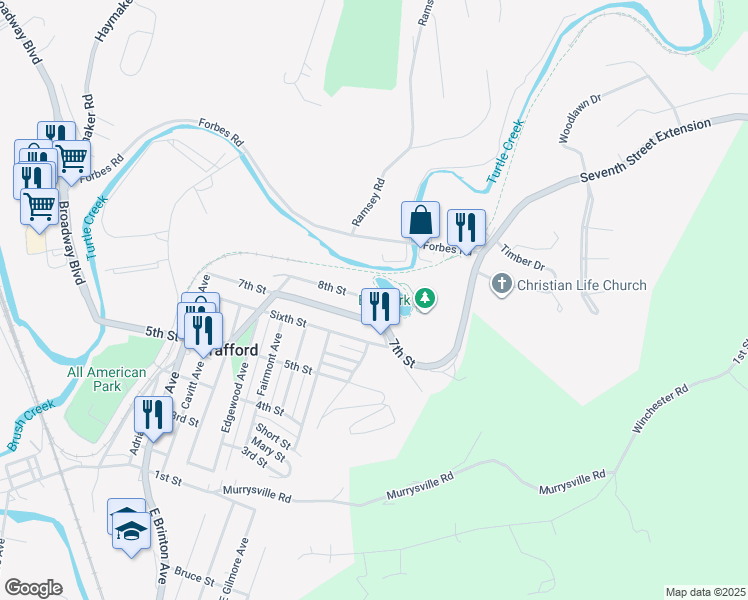 map of restaurants, bars, coffee shops, grocery stores, and more near 799 Prospect Avenue in Trafford