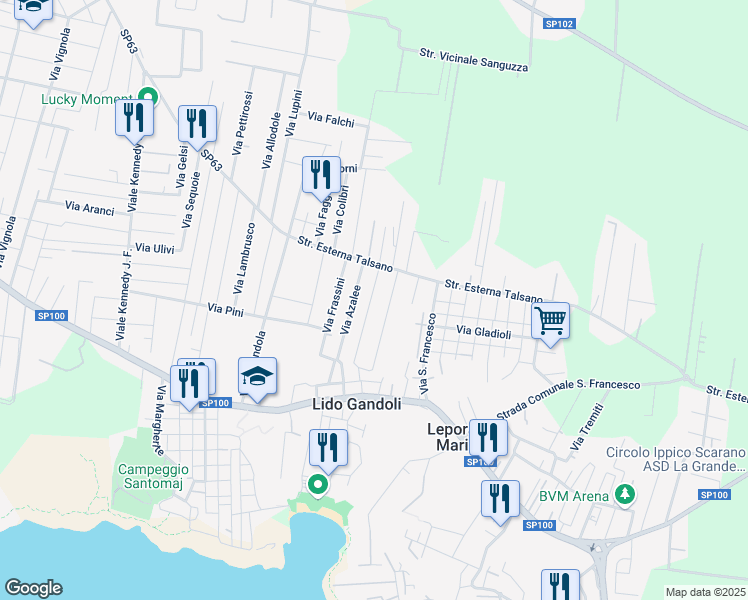 map of restaurants, bars, coffee shops, grocery stores, and more near 9 Via Azalee in Leporano Marina