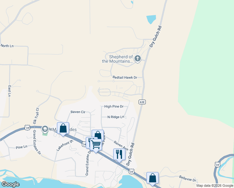 map of restaurants, bars, coffee shops, grocery stores, and more near 1734 Wildfire Road in Estes Park