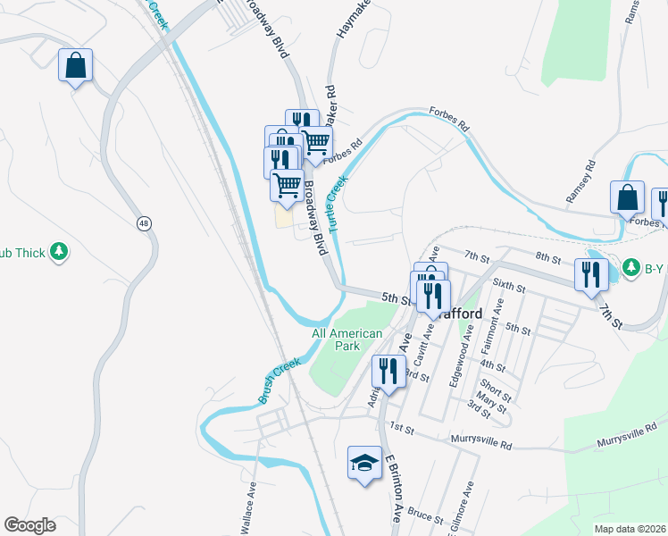 map of restaurants, bars, coffee shops, grocery stores, and more near 551 Pennsylvania 130 in Trafford