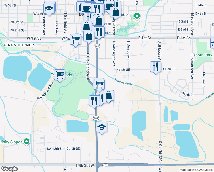 map of restaurants, bars, coffee shops, grocery stores, and more near 406 South Lincoln Avenue in Loveland