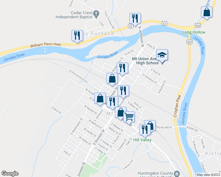 map of restaurants, bars, coffee shops, grocery stores, and more near West Water Street in Mount Union