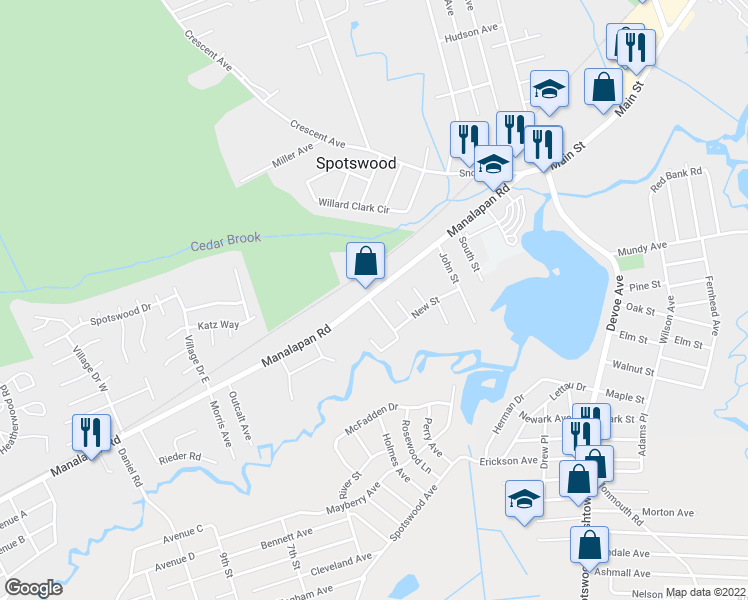 map of restaurants, bars, coffee shops, grocery stores, and more near 189 Manalapan Road in Spotswood