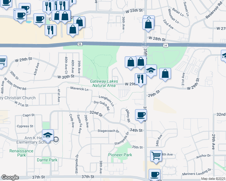map of restaurants, bars, coffee shops, grocery stores, and more near 3622 West 29th Street in Greeley