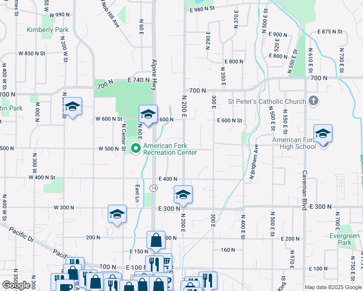 map of restaurants, bars, coffee shops, grocery stores, and more near 527 North 200 East in American Fork