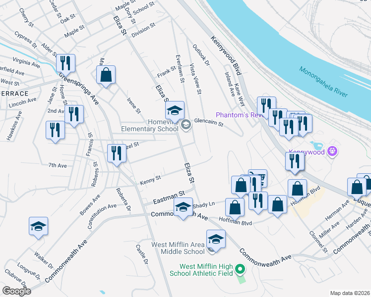 map of restaurants, bars, coffee shops, grocery stores, and more near in West Mifflin
