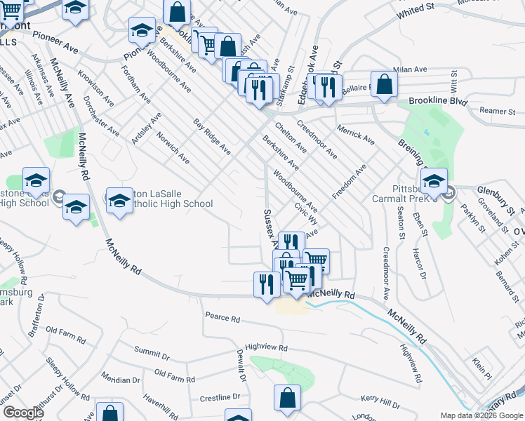 map of restaurants, bars, coffee shops, grocery stores, and more near 1109 Norwich Avenue in Pittsburgh
