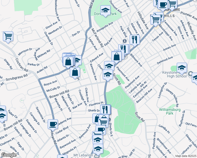 map of restaurants, bars, coffee shops, grocery stores, and more near in Allegheny County