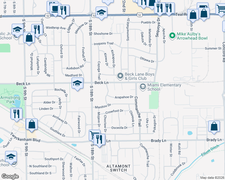 map of restaurants, bars, coffee shops, grocery stores, and more near 2909 Algonquin Drive in Lafayette