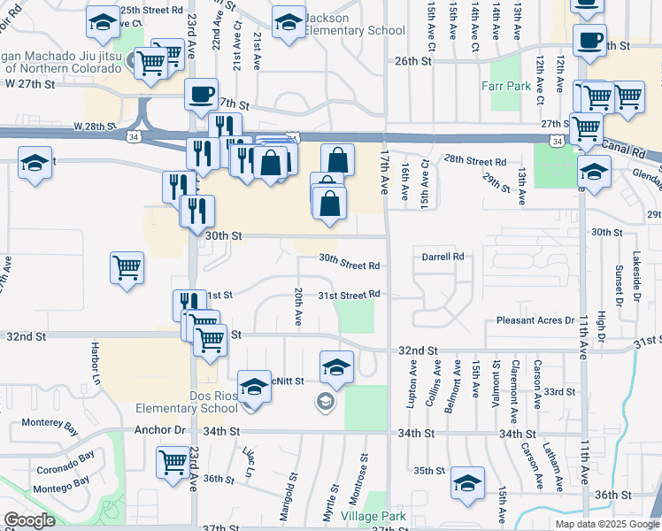 map of restaurants, bars, coffee shops, grocery stores, and more near 1820 30th Street Road in Greeley