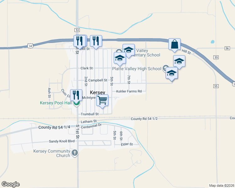 map of restaurants, bars, coffee shops, grocery stores, and more near 510 Kohler Farms Road in Kersey