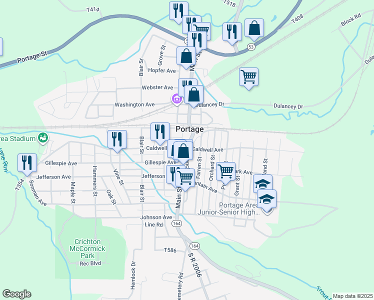 map of restaurants, bars, coffee shops, grocery stores, and more near 711 Caldwell Avenue in Portage