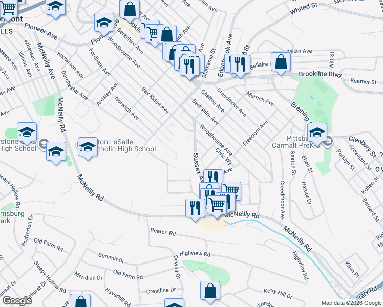 map of restaurants, bars, coffee shops, grocery stores, and more near 1109 Norwich Avenue in Pittsburgh
